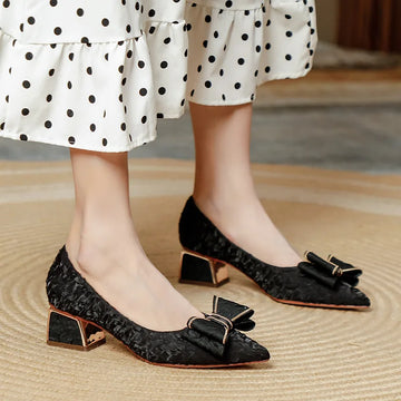 Xajzpa Block Heels For Women Pumps Bow Shoes Lace-Up Shallow Mouth Square Toe Slip On Sandals Ladies 2025 Pointed Wedge Chunky Gold Sli